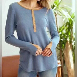Filly Flair Blue Long Sleeve Waffle Tee with snap buttons and tan details. M
